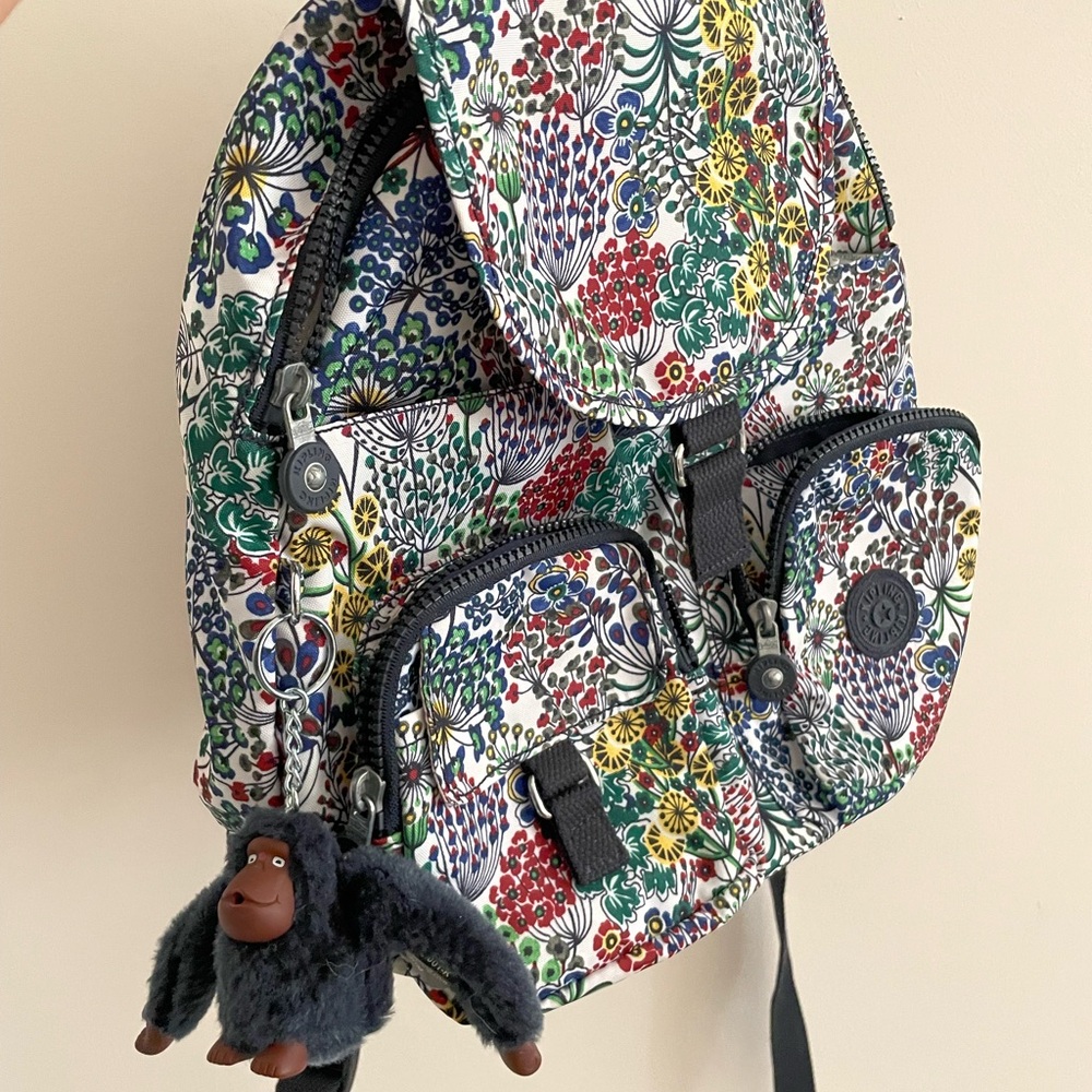 Kipling Floral Multi-Color Backpack with Monkey Keychain